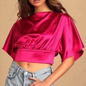 Lulu's Upgrade to Chic hot pink satin tie-back crop top